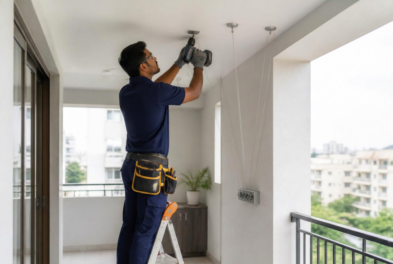 APTO HOME technician professionally installing a ceiling cloth hanger in a Bangalore apartment balcony