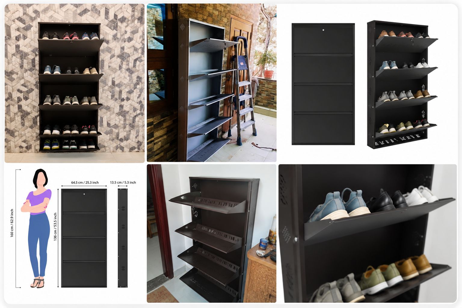 Wall-mounted multi-tier shoe rack collage installed in Bangalore apartments
